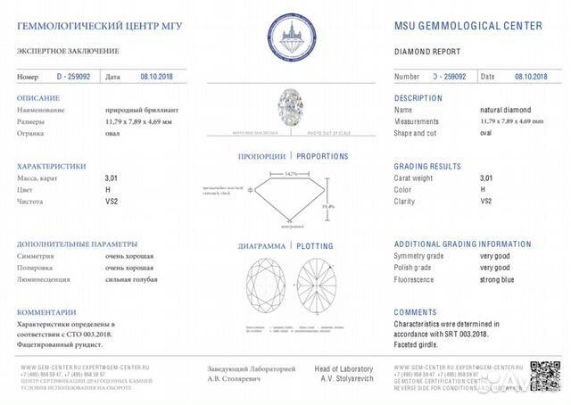 Огранка кр 57. Экспертное заключение МГУ О Бриллианте.