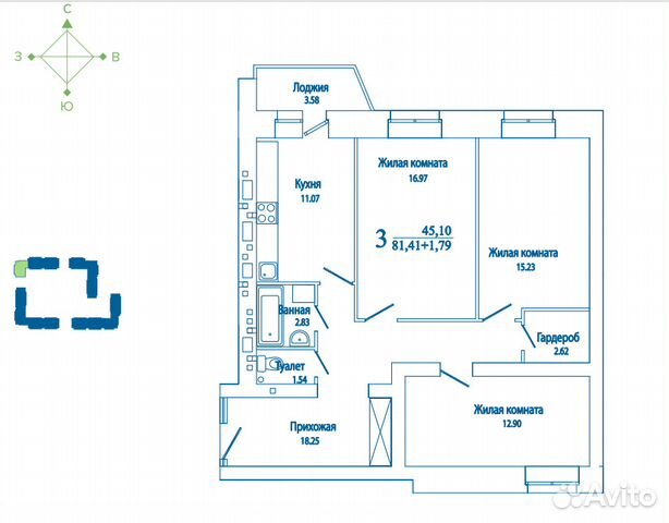 3-к квартира, 81.4 м², 9/9 эт.