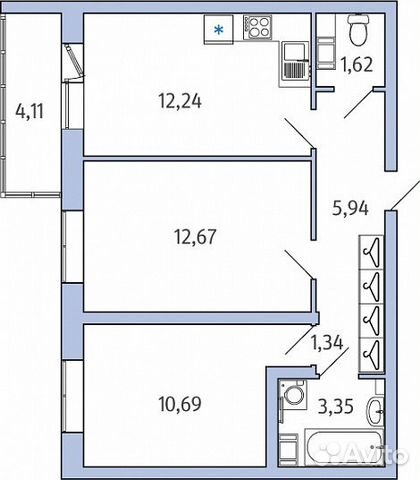 2-к квартира, 49.1 м², 6/9 эт.