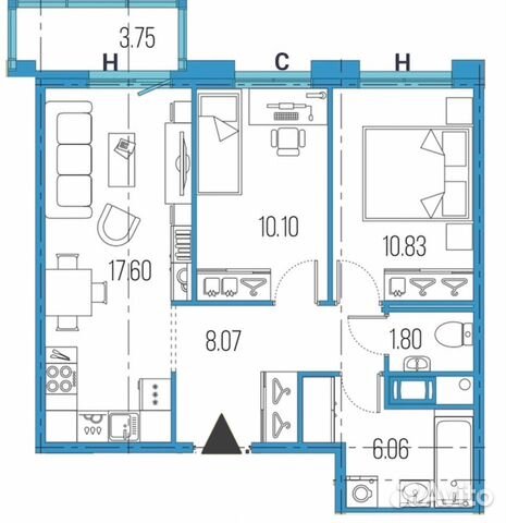 2-к квартира, 54.5 м², 7/22 эт.