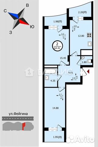 2-к квартира, 64.4 м², 1/17 эт.