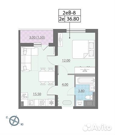 1-к квартира, 36.8 м², 3/26 эт.