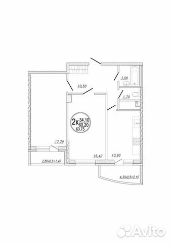 2-к квартира, 60.6 м², 17/17 эт.