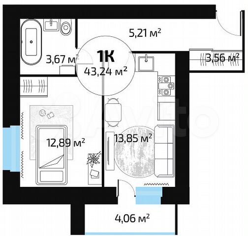 1-к. квартира, 43,6 м², 2/16 эт.