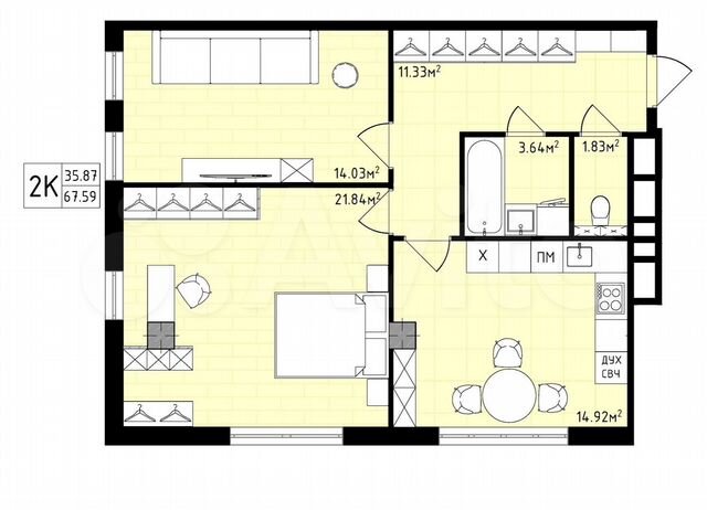 2-к. квартира, 67,6 м², 7/16 эт.