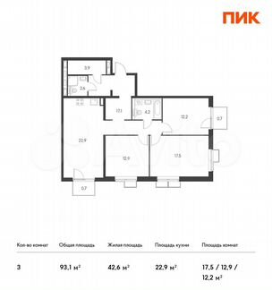 3-к квартира, 93.1 м², 5/25 эт.
