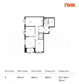 3-к квартира, 97.4 м², 4/17 эт.