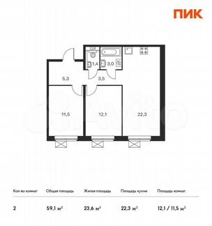 2-к квартира, 59.1 м², 9/25 эт.