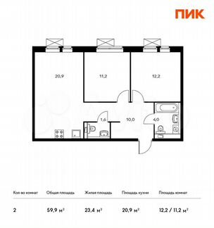 2-к квартира, 59.9 м², 14/22 эт.