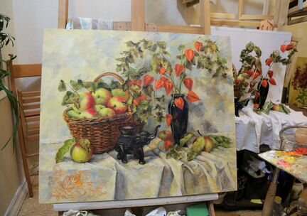 Физалис, яблоки, слоник. Масло, холст, 60х70 см
