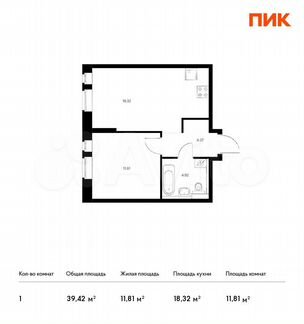 1-к квартира, 39.4 м², 4/22 эт.