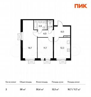 2-к квартира, 58 м², 9/17 эт.